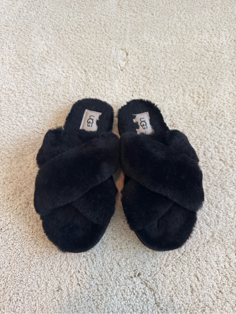 UGG Black Fluff Crossband Ayana Sheepskin Slide Slippers